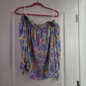 Lilly Pulitzer Multicolor Off Shoulder Floral Top With Ties On Cuffs Of Sleeves